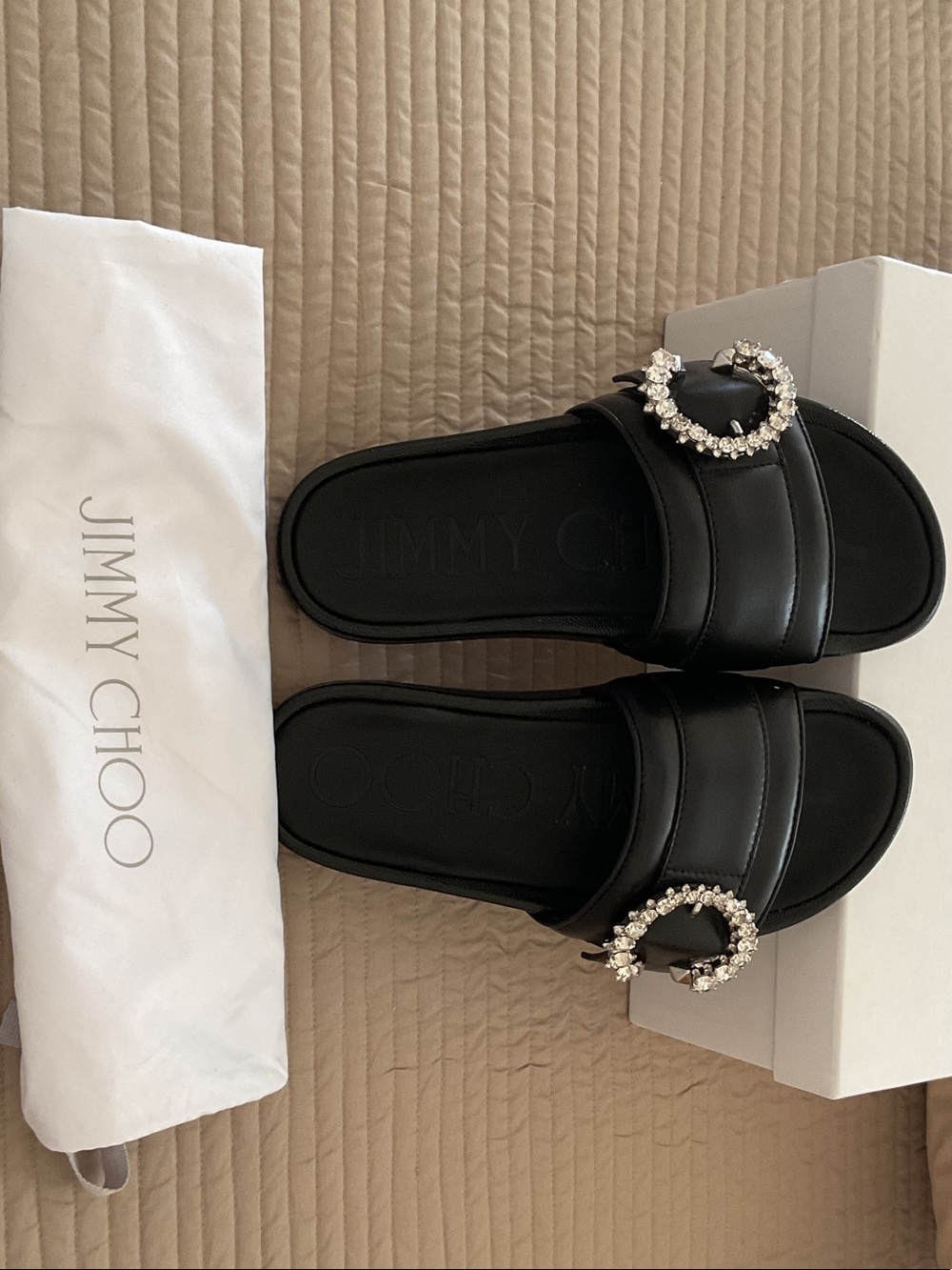Jimmy Choo Black Leather Slide Sandals with Crystal Circle Buckle